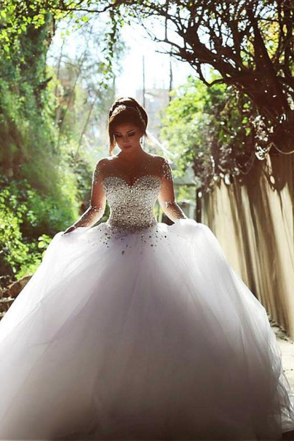 Luxury Crystal Beaded Long Sleeve Ball Gown Wedding Dress