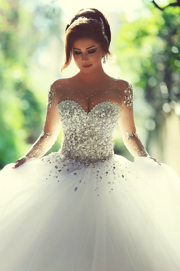 Luxury Crystal Beaded Long Sleeve Ball Gown Wedding Dress