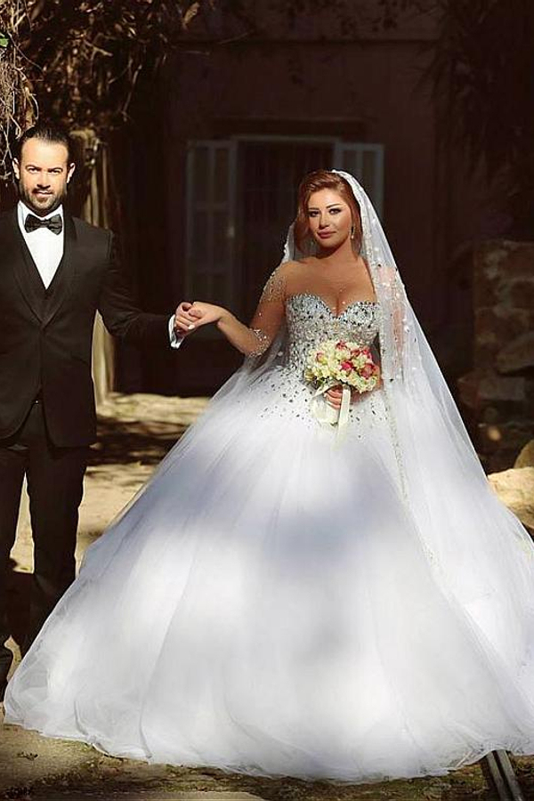 Luxury Crystal Beaded Long Sleeve Ball Gown Wedding Dress