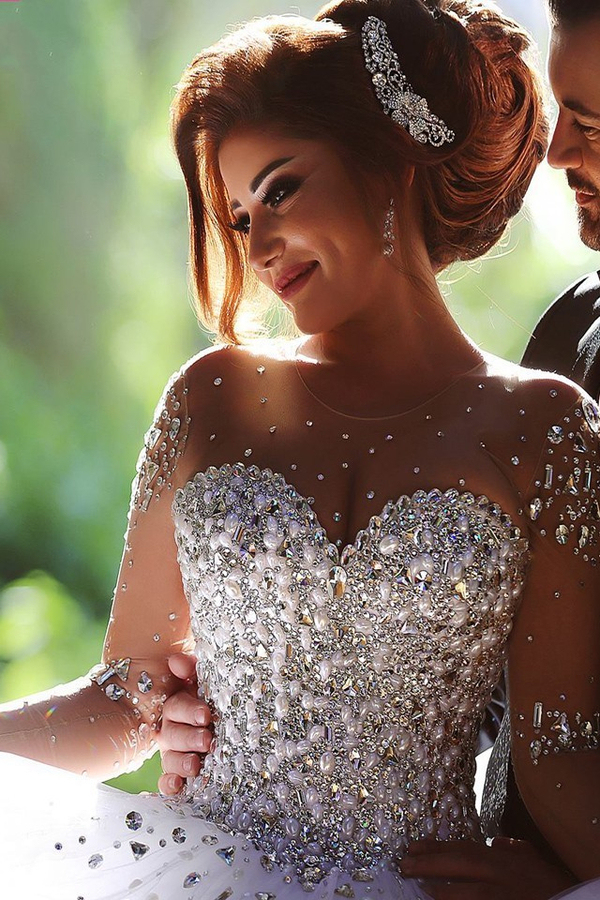 Luxury Crystal Beaded Long Sleeve Ball Gown Wedding Dress