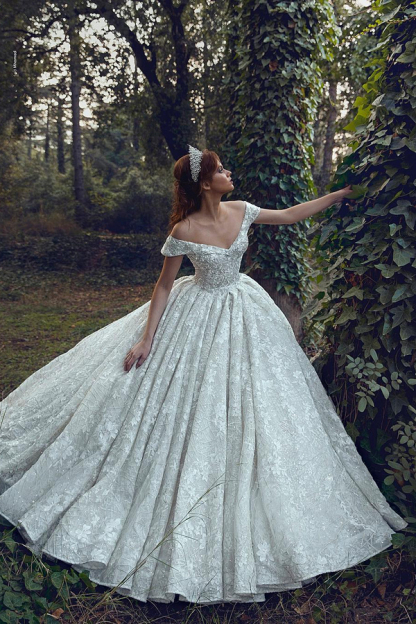 Luxury Flower Off-Shoulder Ball Gown Wedding Dress