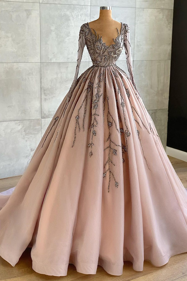 Luxury Long Sleeves V-Neck Floral Appliques Ball Gown