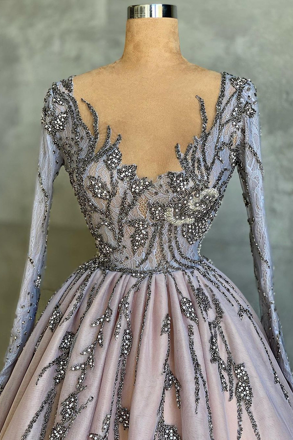 Luxury Long Sleeves V-Neck Floral Appliques Ball Gown