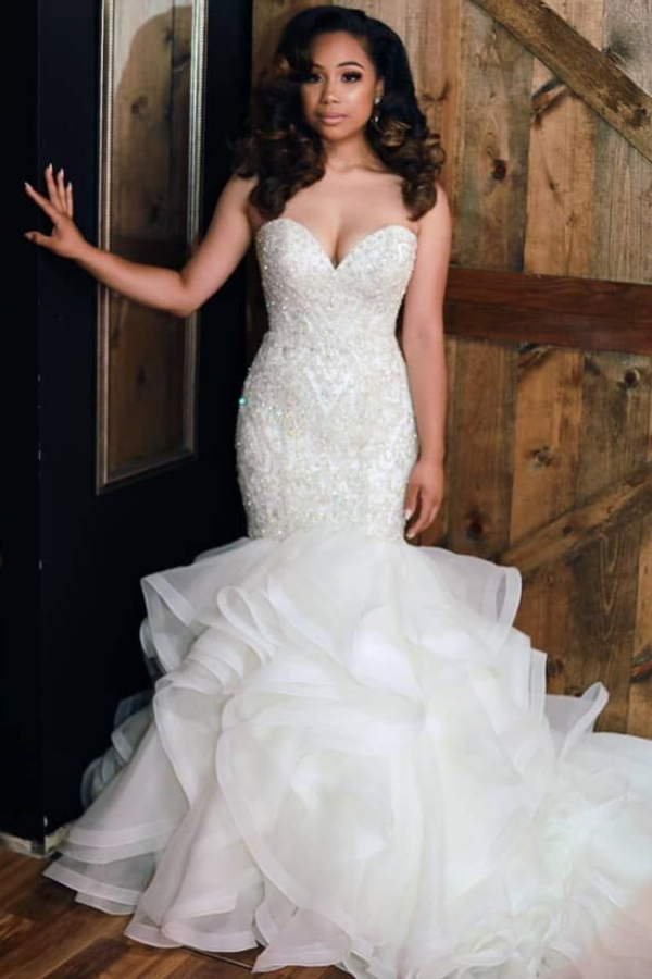 beaded ruffle wedding dress Spaghetti Strap Lace Puffy Ruffled Wedding Dress Light Ivory