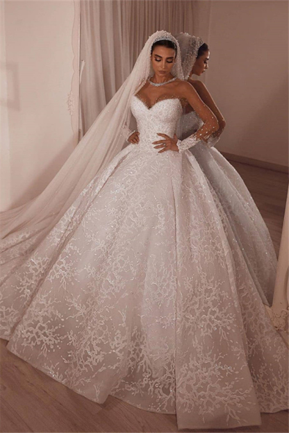 Luxury Strapless Beaded Applique Lace Sheer Tulle Wedding Dress