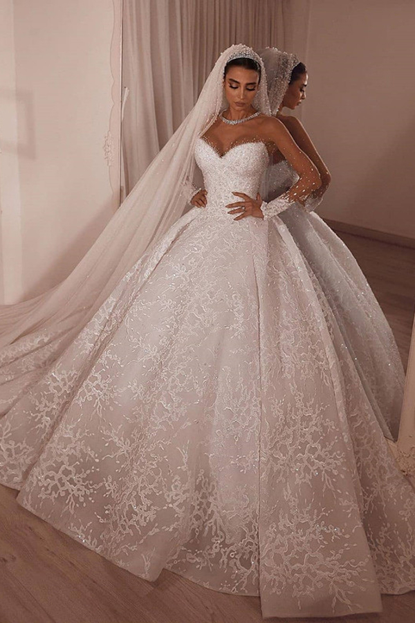 Luxury Strapless Beaded Applique Lace Sheer Tulle Wedding Dress