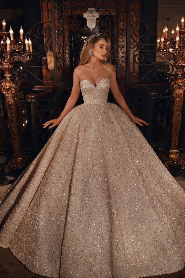 Luxury Sweetheart Sparkle Beaded Puffy Ball Gown Wedding Dress
