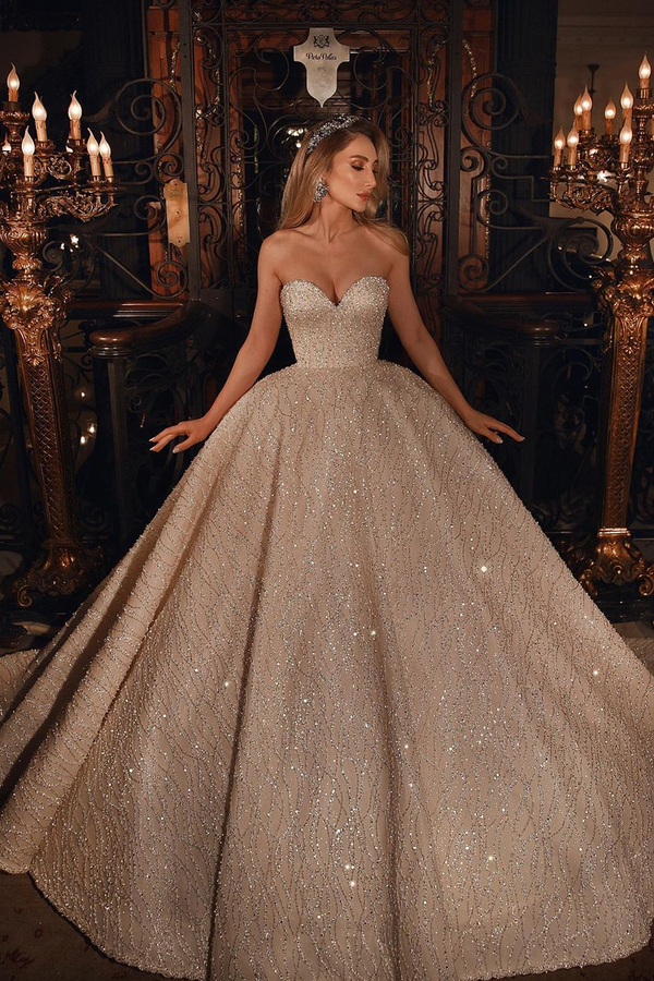 Luxury Sweetheart Sparkle Beaded Puffy Ball Gown Wedding Dress