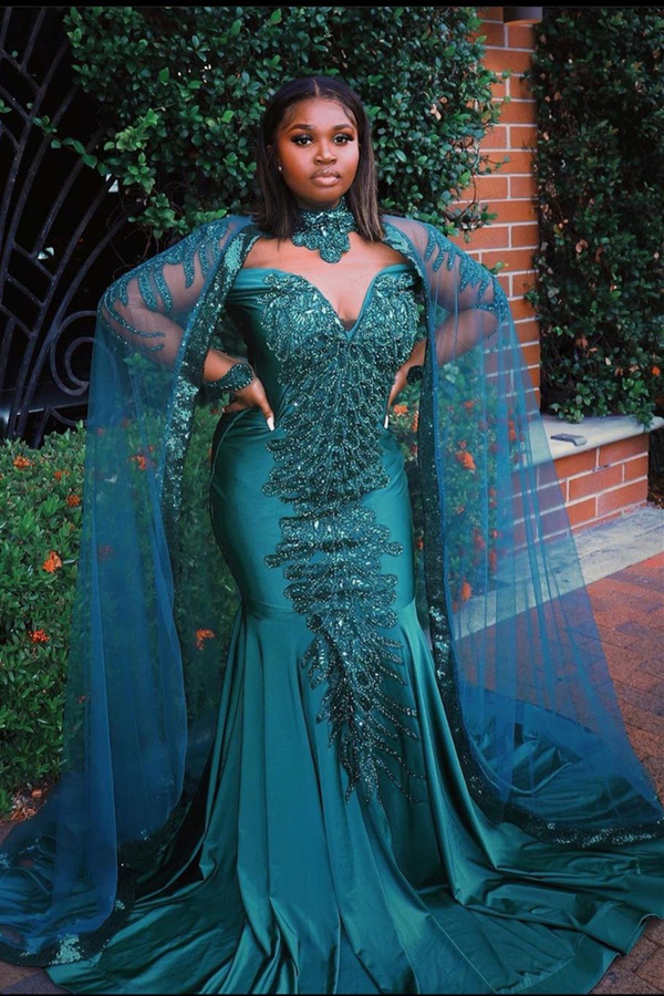 Mermaid Evening Gown Long Sleeve Appliqués Floor Length Prom Dress with Cape