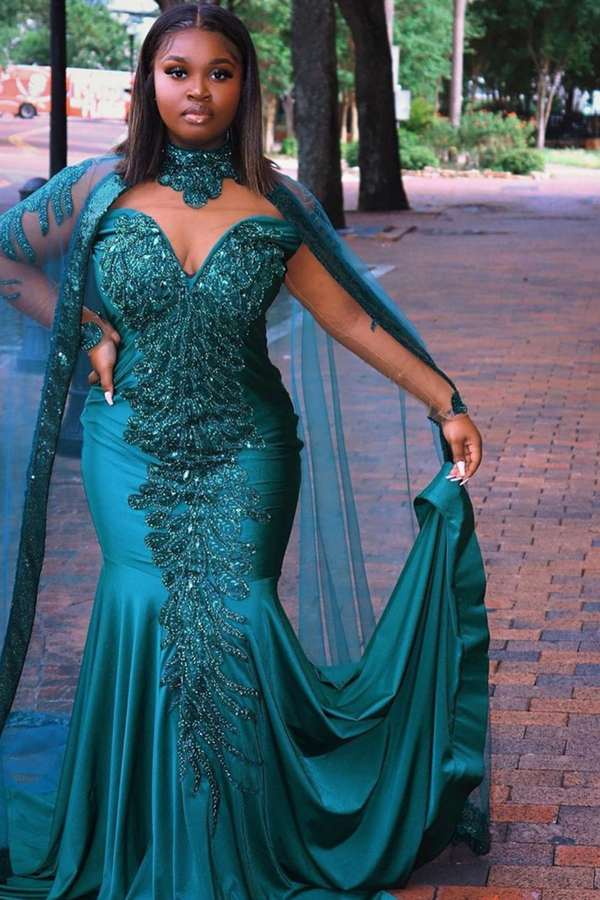 Mermaid Evening Gown Long Sleeve Appliqués Floor Length Prom Dress with Cape