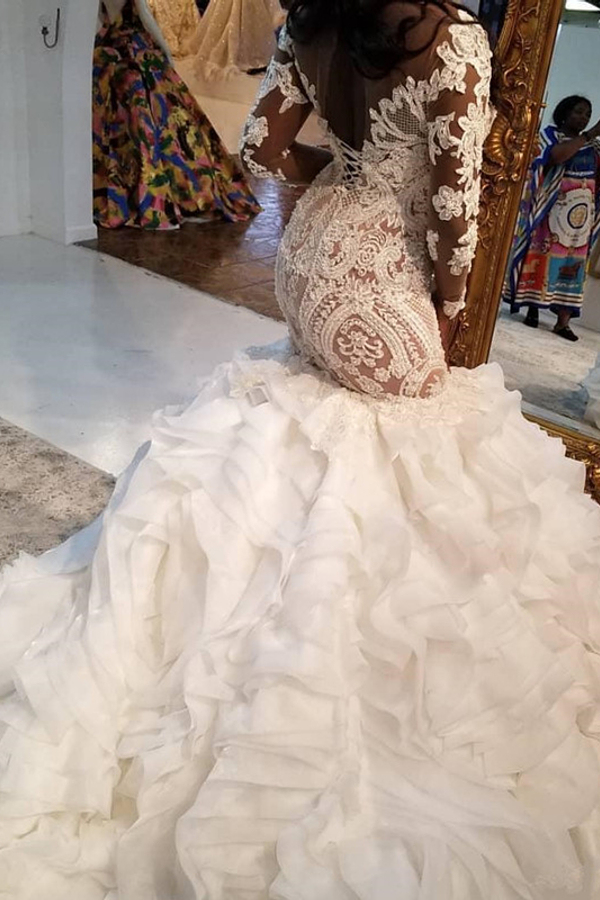 Mermaid Lace Applique Tulle Wedding Dress with Long Sleeves