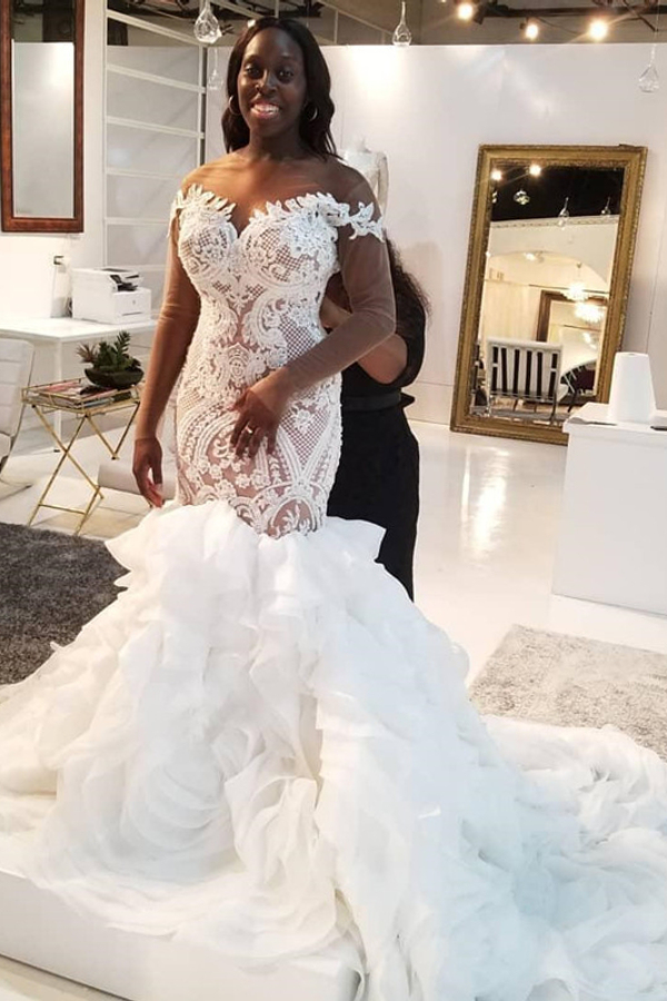 Mermaid Lace Applique Tulle Wedding Dress with Long Sleeves