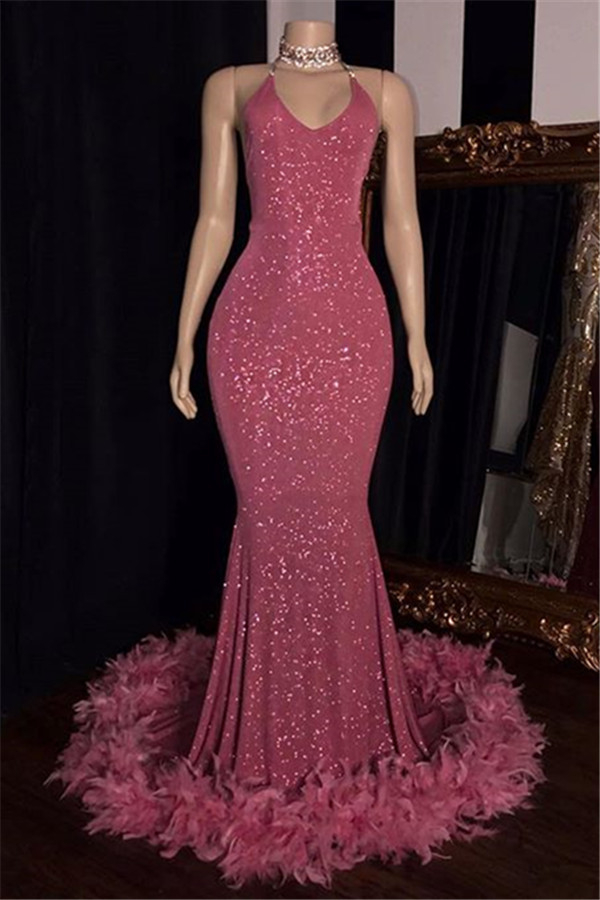 Mermaid Pink Sequin Prom Dress with Feather Sleeveless Sexy Evening Gowns