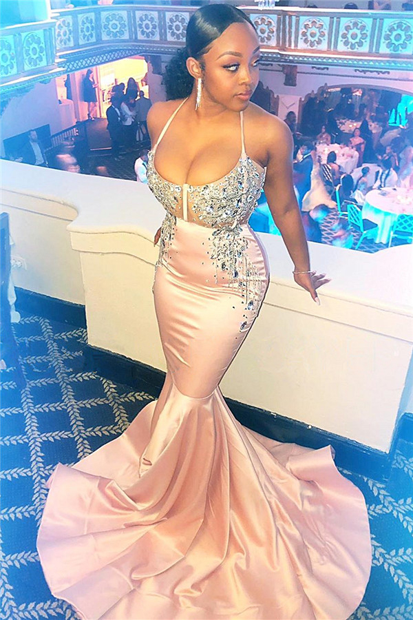 Spaghetti Straps Beaded Prom Dress | Mermaid Sleeveless Pink Evening Gown