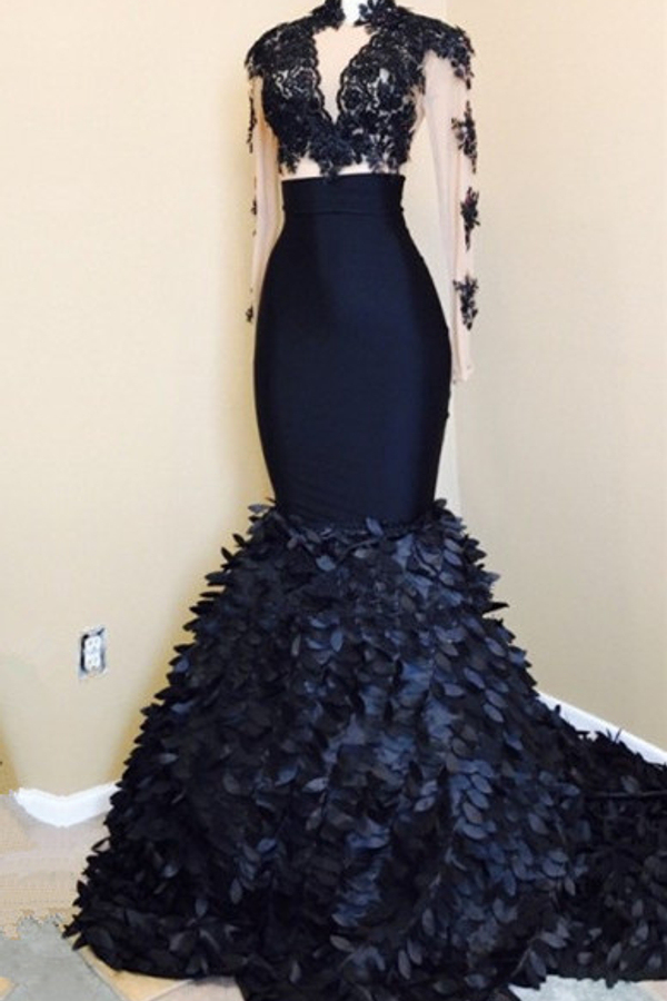 Mermaid Two-Piece Prom Dress Long Sleeve High Neck Evening Gown