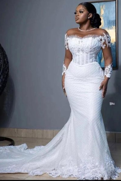 Mermaid Wedding Dress with Long Sleeves Tulle Pearl Bridal Gown