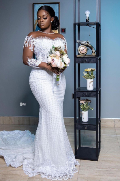 Mermaid Wedding Dress with Long Sleeves Tulle Pearl Bridal Gown