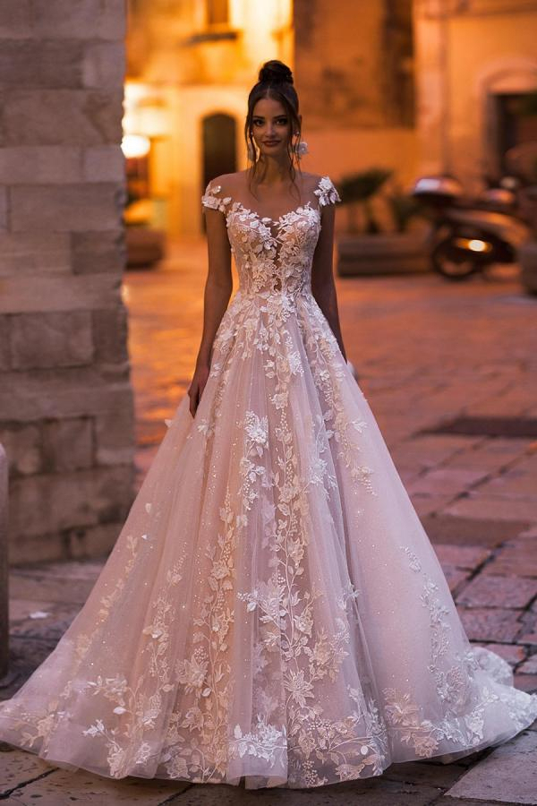 Modest A-Line Cap Sleeve Floral Tulle Lace Floor-Length Wedding Dress