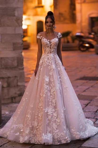 Modest A-Line Cap Sleeve Floral Tulle Lace Floor-Length Wedding Dress