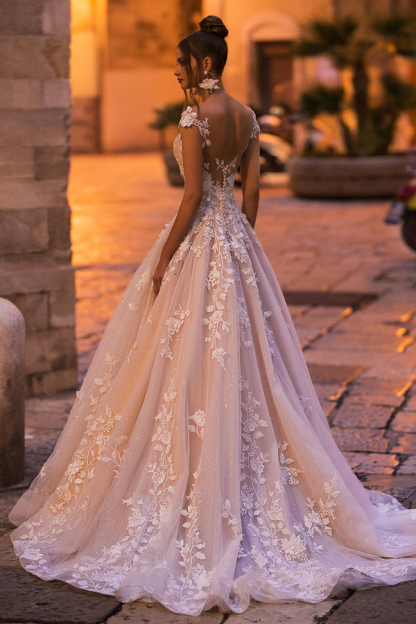 Modest A-Line Cap Sleeve Floral Tulle Lace Floor-Length Wedding Dress