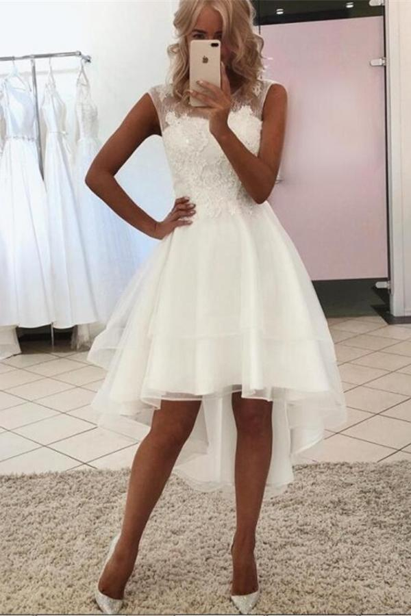 Modest White Sleeveless Lace Tulle High-Low Wedding Dress