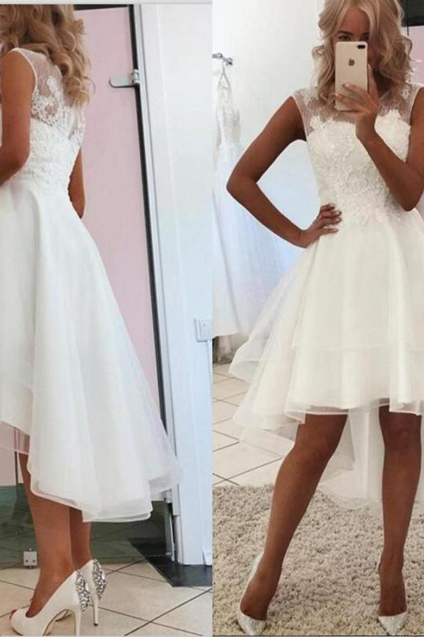 Modest White Sleeveless Lace Tulle High-Low Wedding Dress