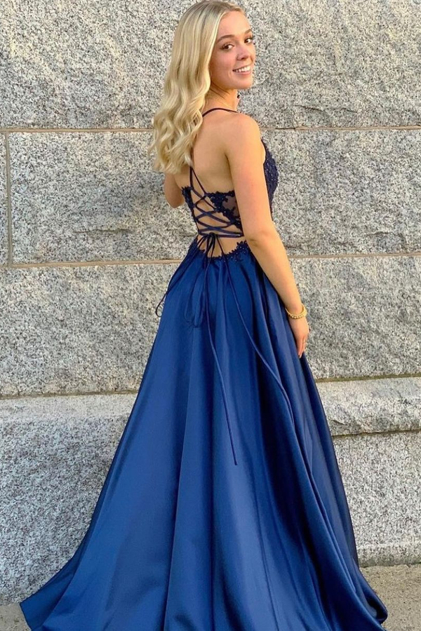 Navy Blue A-Line Spaghetti Straps Sleeveless High Split Lace Prom Dress