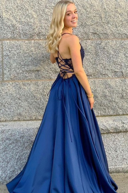 Navy Blue A-Line Spaghetti Straps Sleeveless High Split Lace Prom Dress