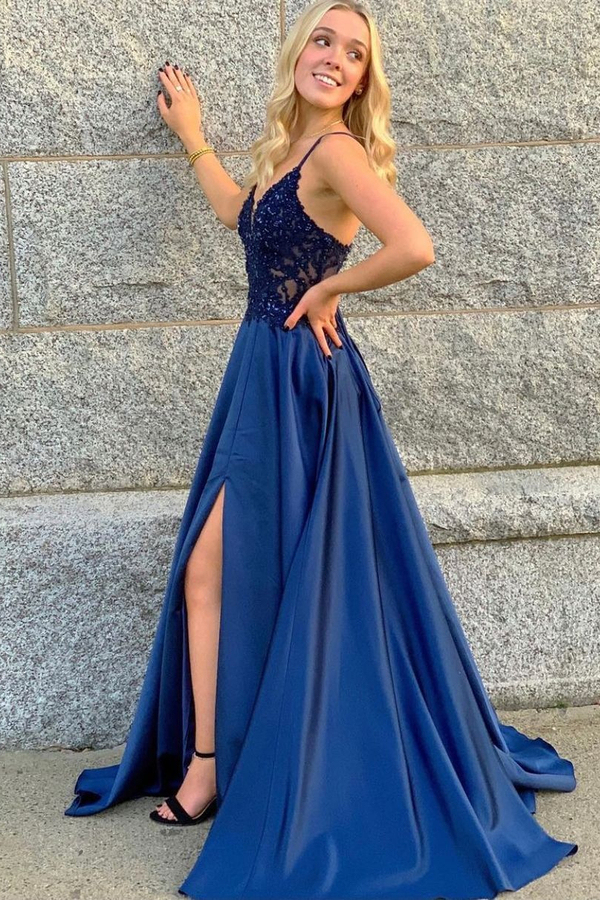 Navy Blue A-Line Spaghetti Straps Sleeveless High Split Lace Prom Dress