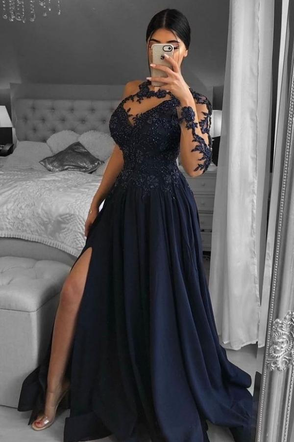 Navy Side Slit Long Sleeve Prom Dress Long Lace Prom Dress