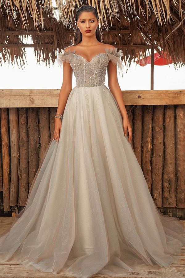 Off Shoulder A-Line Evening Gown | Floor Length Tulle Formal Wear Dress