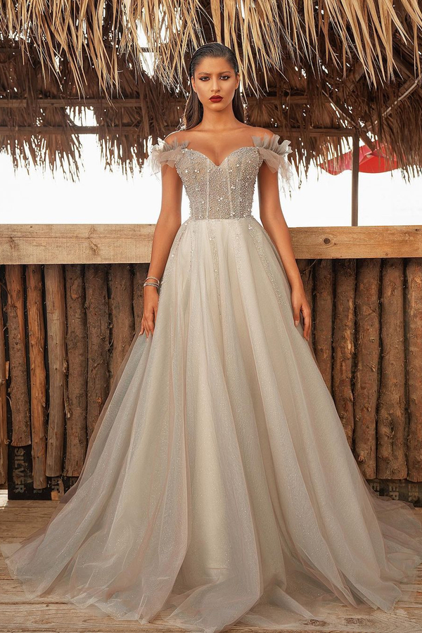 Off Shoulder A-Line Evening Gown | Floor Length Tulle Formal Wear Dress