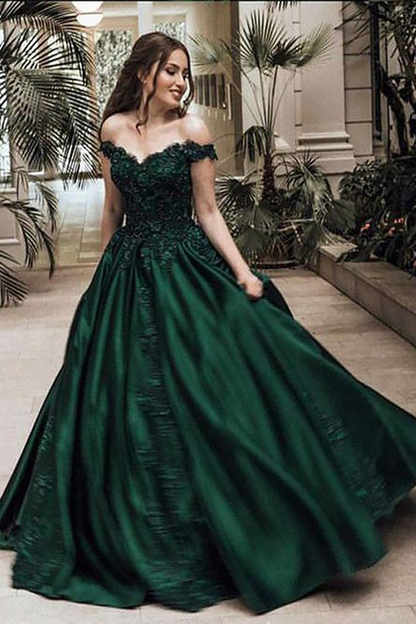 Off-Shoulder Applique Dark Green Evening Dress | Aline Satin Ball Gown Formal Dress