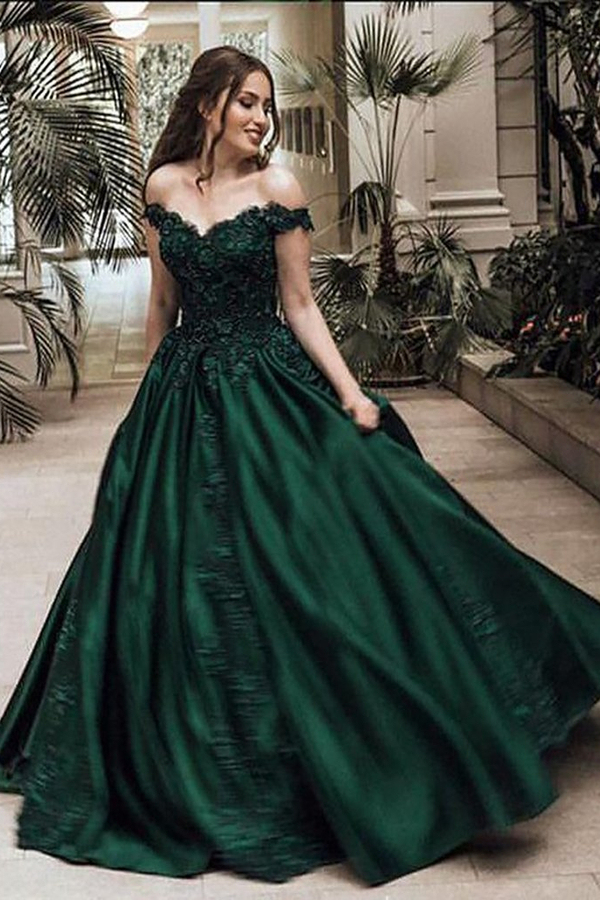 Off-Shoulder Applique Dark Green Evening Dress | Aline Satin Ball Gown Formal Dress