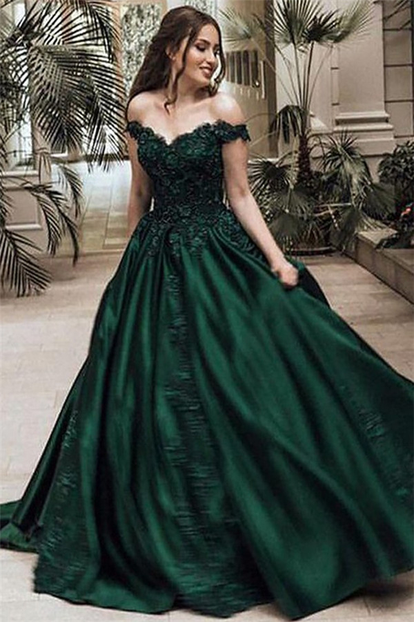 Off-Shoulder Applique Dark Green Evening Dress | Aline Satin Ball Gown Formal Dress