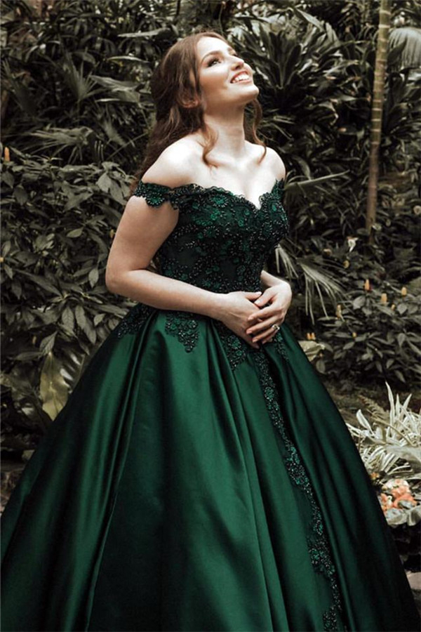 Off-Shoulder Applique Dark Green Evening Dress | Aline Satin Ball Gown Formal Dress