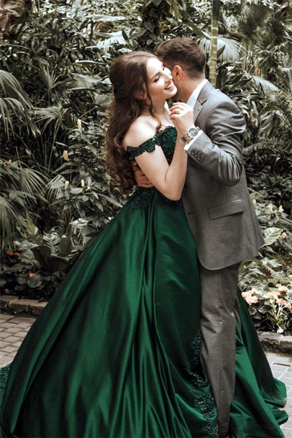 Off-Shoulder Applique Dark Green Evening Dress | Aline Satin Ball Gown Formal Dress