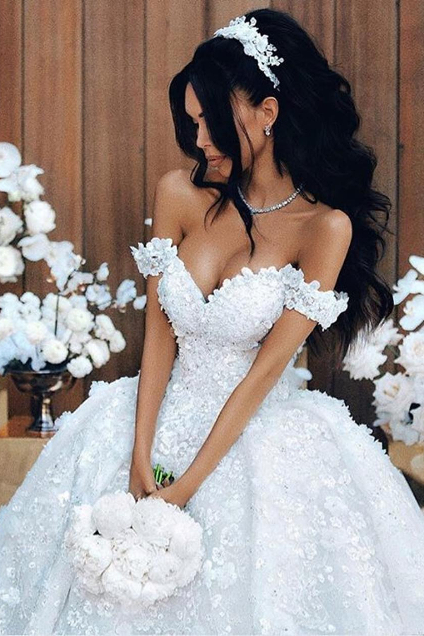 Off-Shoulder Applique Luxury Wedding Dress Princess Ball Gown Design