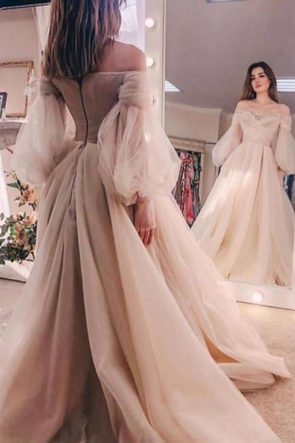 Off-Shoulder Beaded Puff Sleeve Tulle Ball Gown Evening Dress