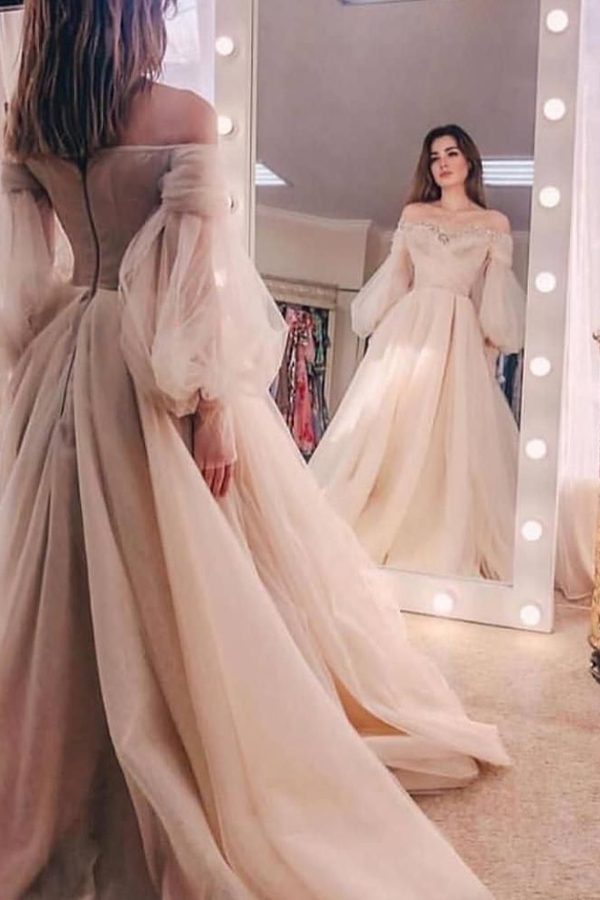 Off-Shoulder Beaded Puff Sleeve Tulle Ball Gown Evening Dress