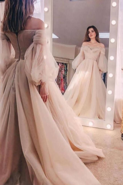Off-Shoulder Beaded Puff Sleeve Tulle Ball Gown Evening Dress