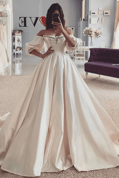 Off-Shoulder Ivory Half Sleeve Modern Ball Gown Wedding Dress