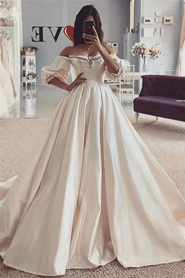 Off-Shoulder Ivory Half Sleeve Modern Ball Gown Wedding Dress