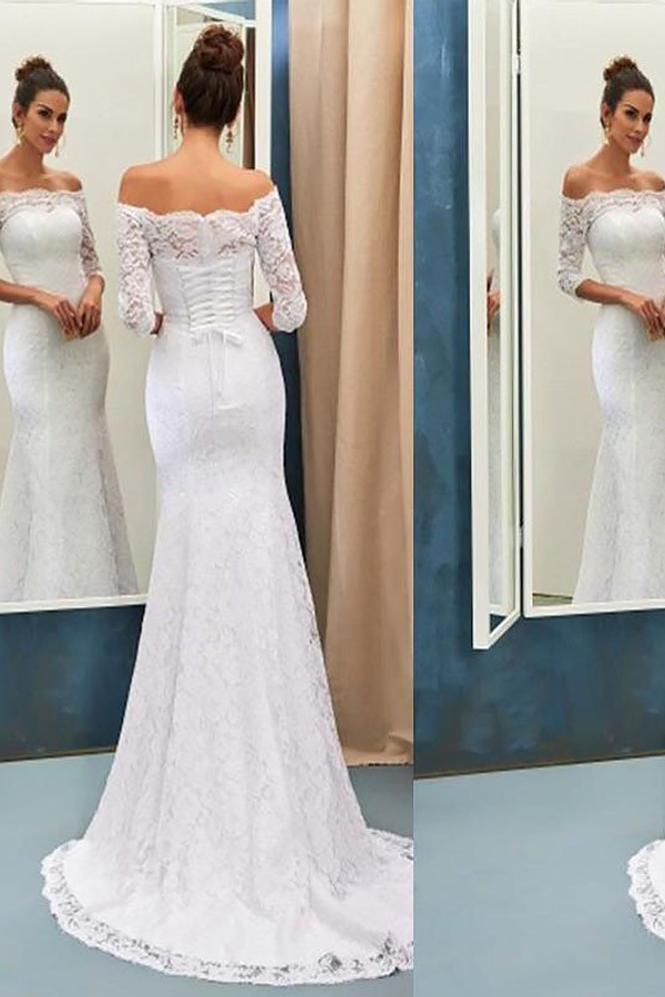 Off-Shoulder Lace Mermaid Long Sleeve Sweep Train Wedding Dress