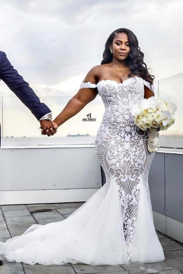 Off-Shoulder Lace Mermaid Plus Size Wedding Dress