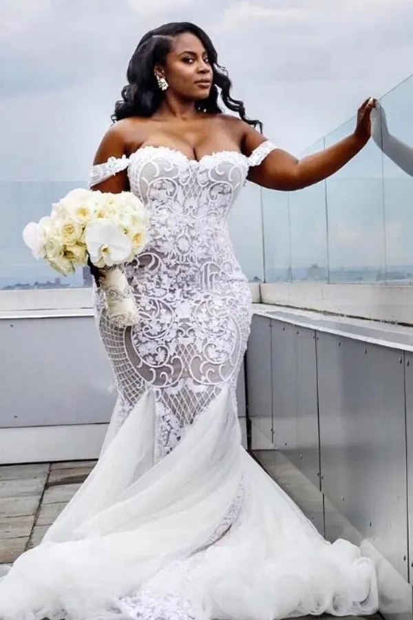 Off-Shoulder Lace Mermaid Plus Size Wedding Dress