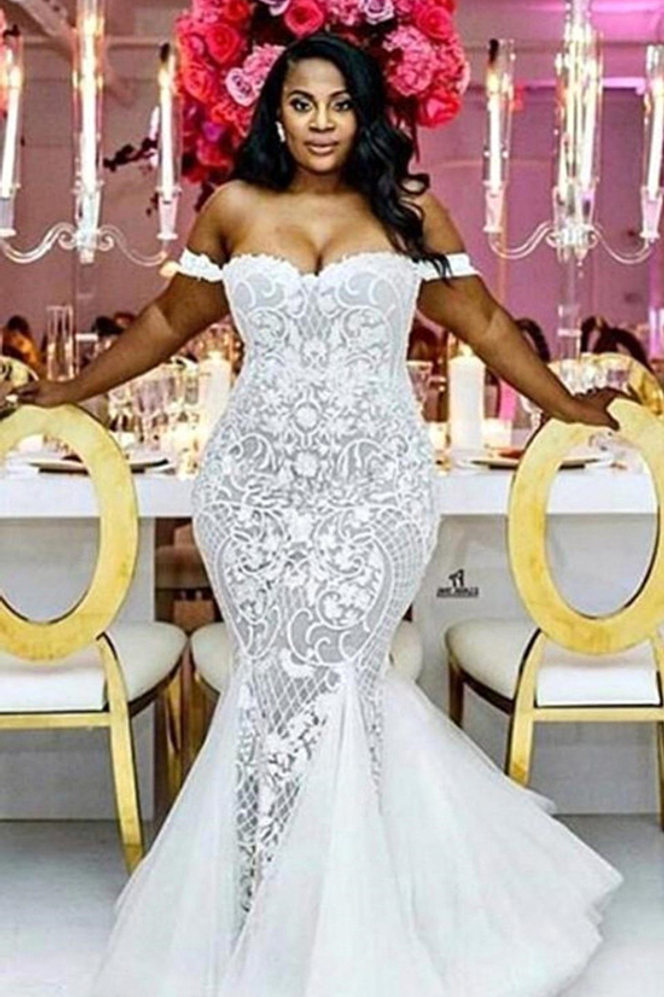 Off-Shoulder Lace Mermaid Plus Size Wedding Dress