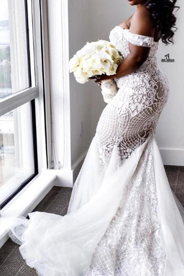 Off-Shoulder Lace Mermaid Plus Size Wedding Dress