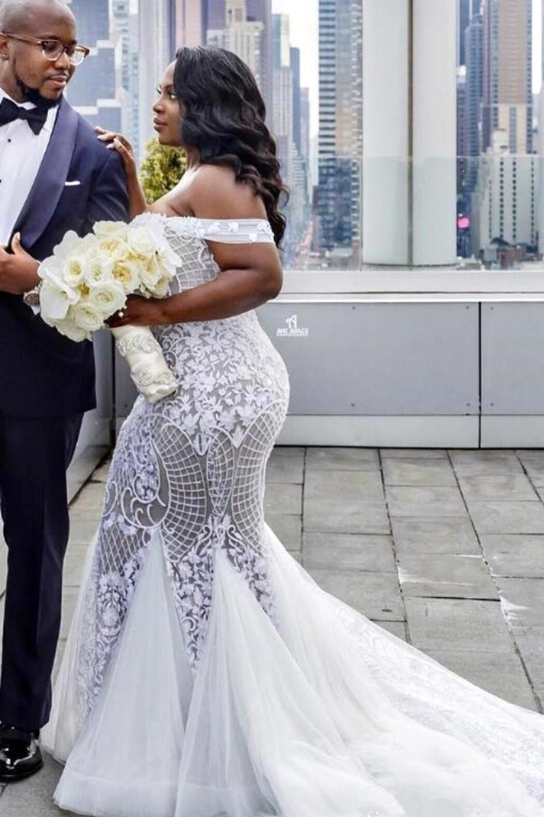 Off-Shoulder Lace Mermaid Plus Size Wedding Dress