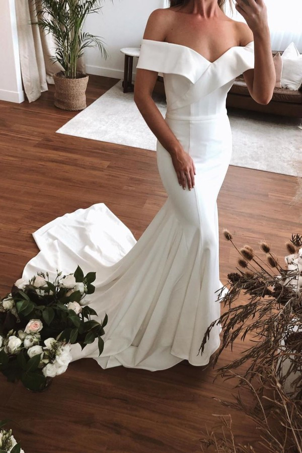 Off-Shoulder Pleated Satin Mermaid Wedding Dress